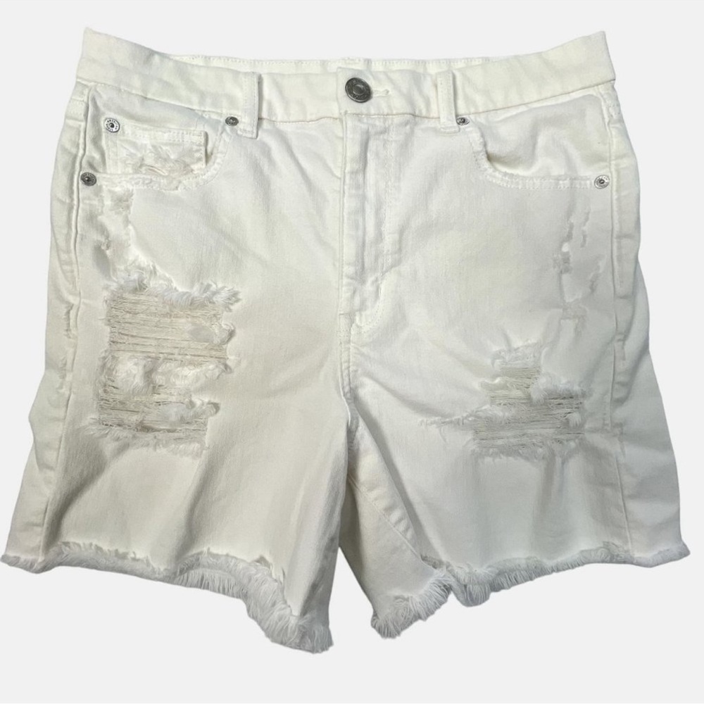 American Eagle Curvy High Rise Shortie Shorts Distressed White Womens Size 12